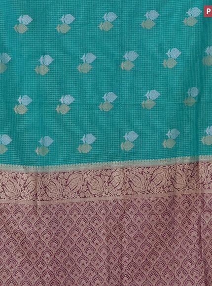 Semi crepe saree teal blue and purple with allover zari checks & buttas and zari woven border