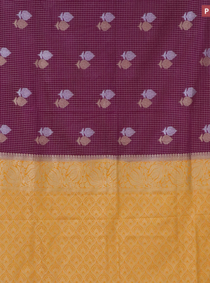 Semi crepe saree purple and mango yellow with allover zari checks & buttas and zari woven border