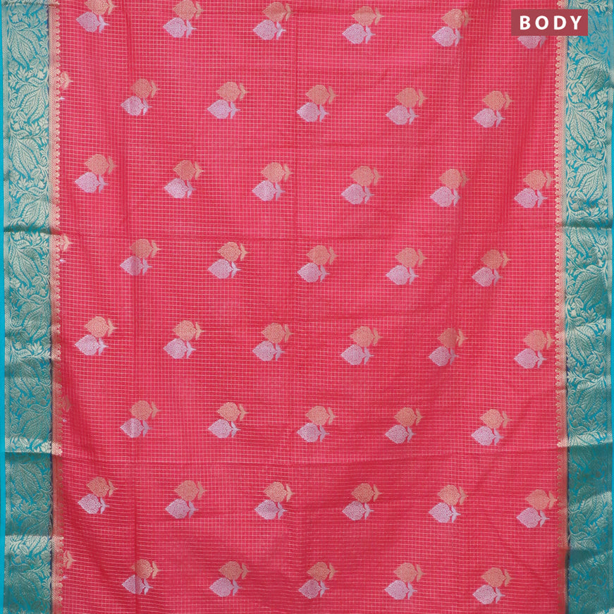 Semi crepe saree pink shade and teal blue with allover zari checks & buttas and zari woven border