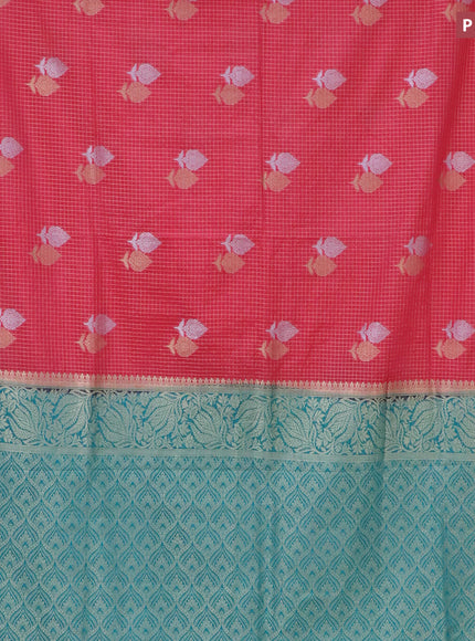 Semi crepe saree pink shade and teal blue with allover zari checks & buttas and zari woven border