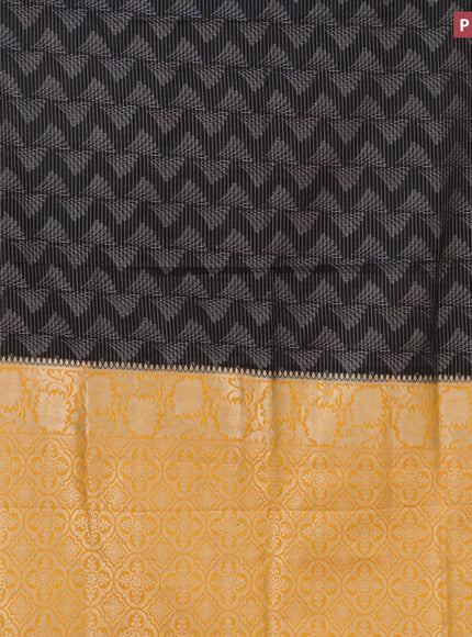 Semi crepe saree black and mango yellow with allover zari weaves and zari woven border