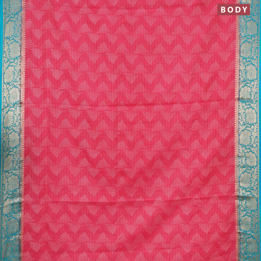 Semi crepe saree pink shade and teal blue with allover zari weaves and zari woven border