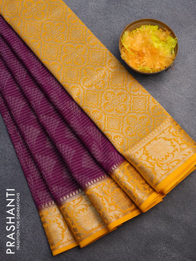 Semi crepe saree purple and mango yellow with allover zari weaves and zari woven border