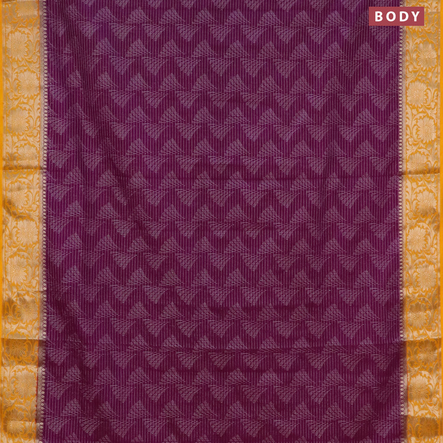 Semi crepe saree purple and mango yellow with allover zari weaves and zari woven border