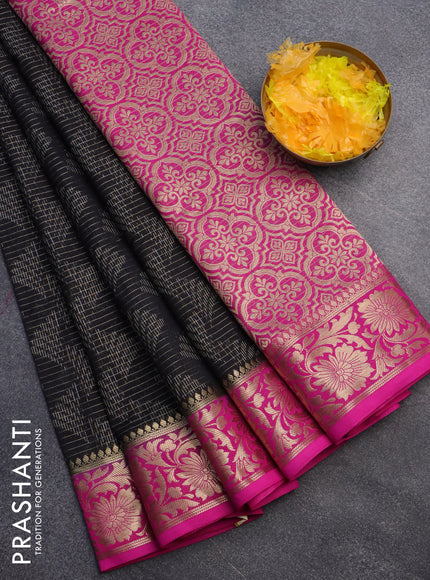 Semi crepe saree black and pink with allover zari weaves and zari woven border