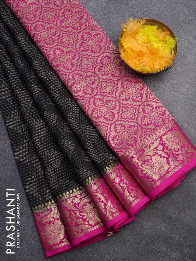 Semi crepe saree black and pink with allover zari weaves and zari woven border