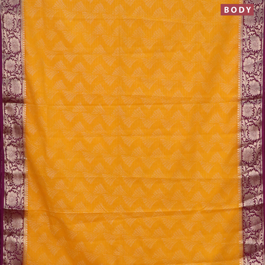 Semi crepe saree mango yellow and purple with allover zari weaves and zari woven border