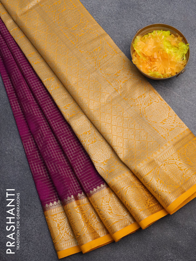 Semi crepe saree purple and mango yellow with allover zari checks & self emboss butta and zari woven border