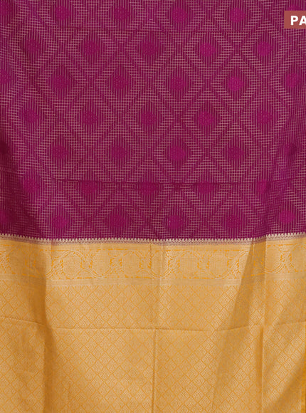 Semi crepe saree purple and mango yellow with allover zari checks & self emboss butta and zari woven border