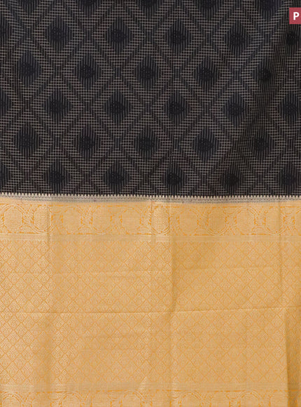 Semi crepe saree black and mango yellow with allover zari checks & self emboss butta and zari woven border