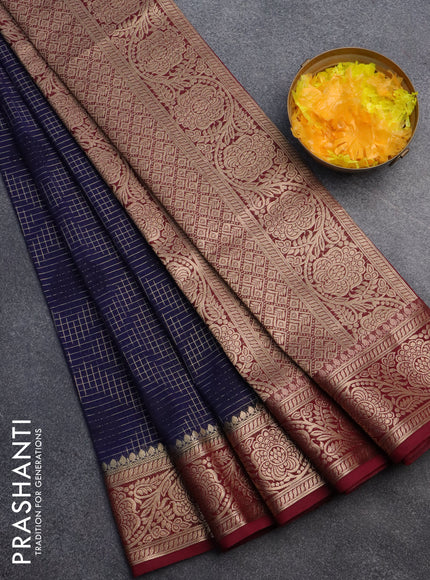 Semi crepe saree navy blue and deep maroon with allover zari checks & self emboss butta and zari woven border