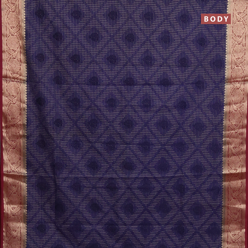 Semi crepe saree navy blue and deep maroon with allover zari checks & self emboss butta and zari woven border