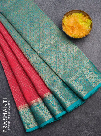 Semi crepe saree pink and teal blue with allover zari checks & self emboss butta and zari woven border