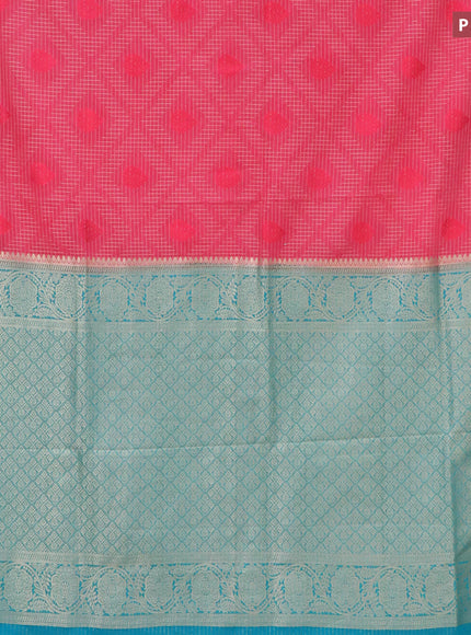 Semi crepe saree pink and teal blue with allover zari checks & self emboss butta and zari woven border