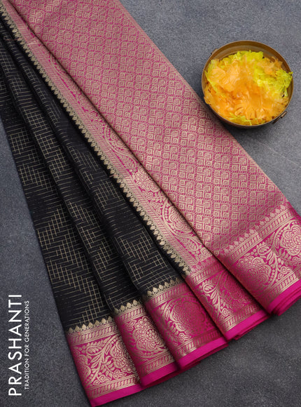 Semi crepe saree black and pink with allover zari checks & self emboss butta and zari woven border