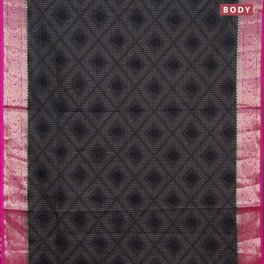 Semi crepe saree black and pink with allover zari checks & self emboss butta and zari woven border