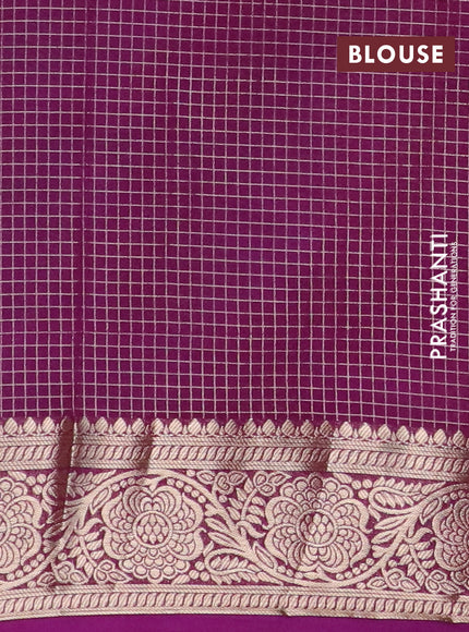 Semi crepe saree teal green shade and purple with allover zari checks & self emboss butta and zari woven border