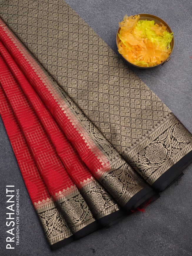 Semi crepe saree kumkum red and black with allover zari checks & self emboss butta and zari woven border