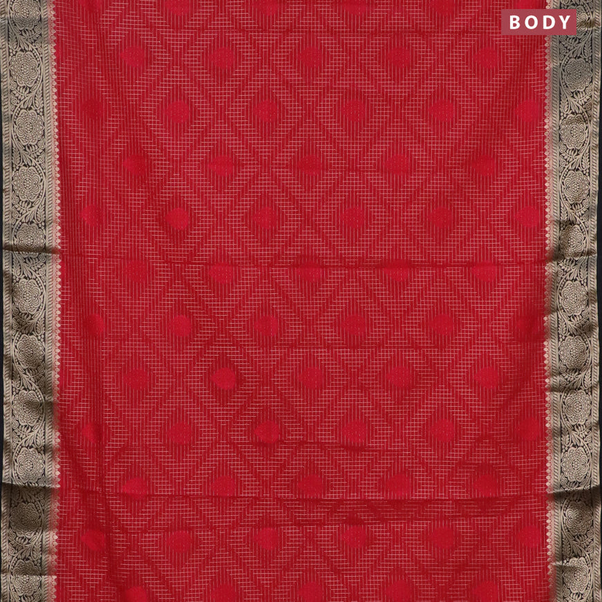 Semi crepe saree kumkum red and black with allover zari checks & self emboss butta and zari woven border