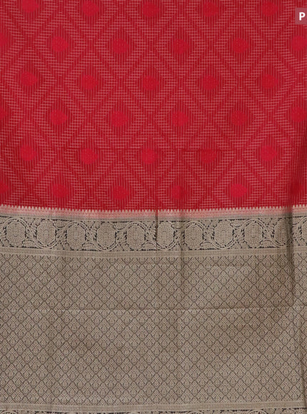 Semi crepe saree kumkum red and black with allover zari checks & self emboss butta and zari woven border