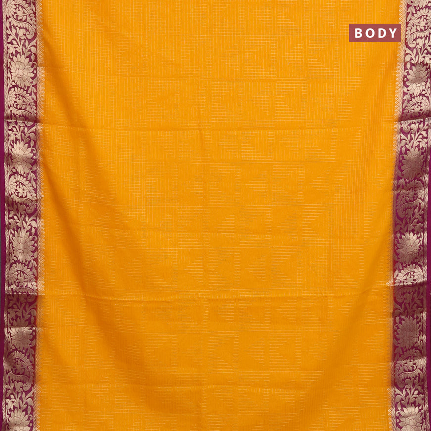 Semi crepe saree mango yellow and purple with allover zari weaves and zari woven border