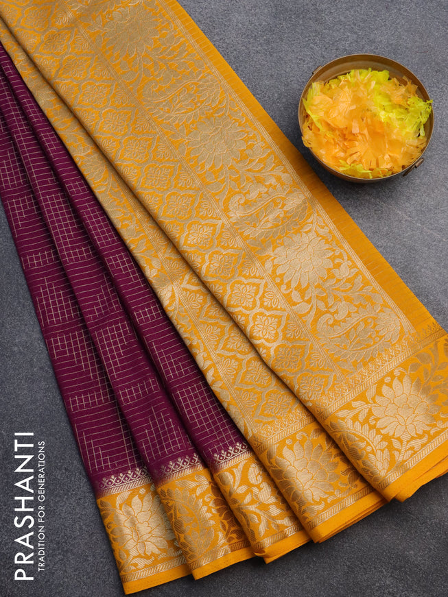 Semi crepe saree purple and mango yellow with allover zari weaves and zari woven border