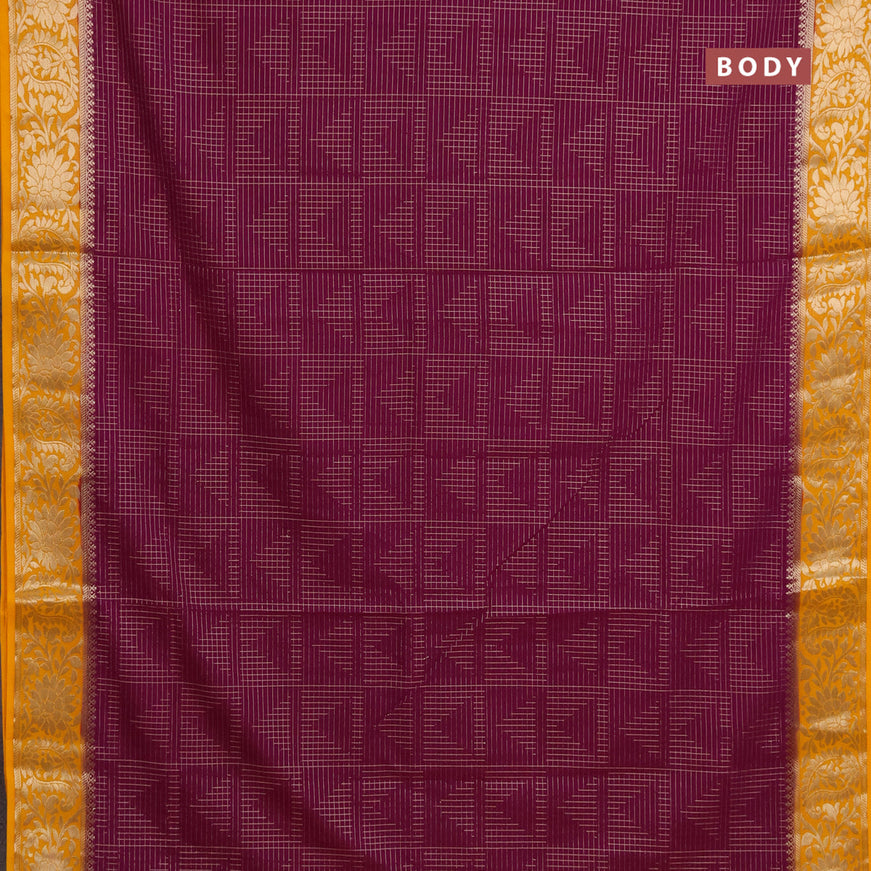 Semi crepe saree purple and mango yellow with allover zari weaves and zari woven border