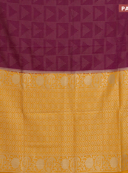 Semi crepe saree purple and mango yellow with allover zari weaves and zari woven border