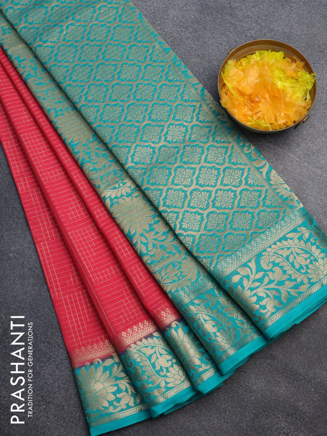 Semi crepe saree pink and teal blue with allover zari weaves and zari woven border