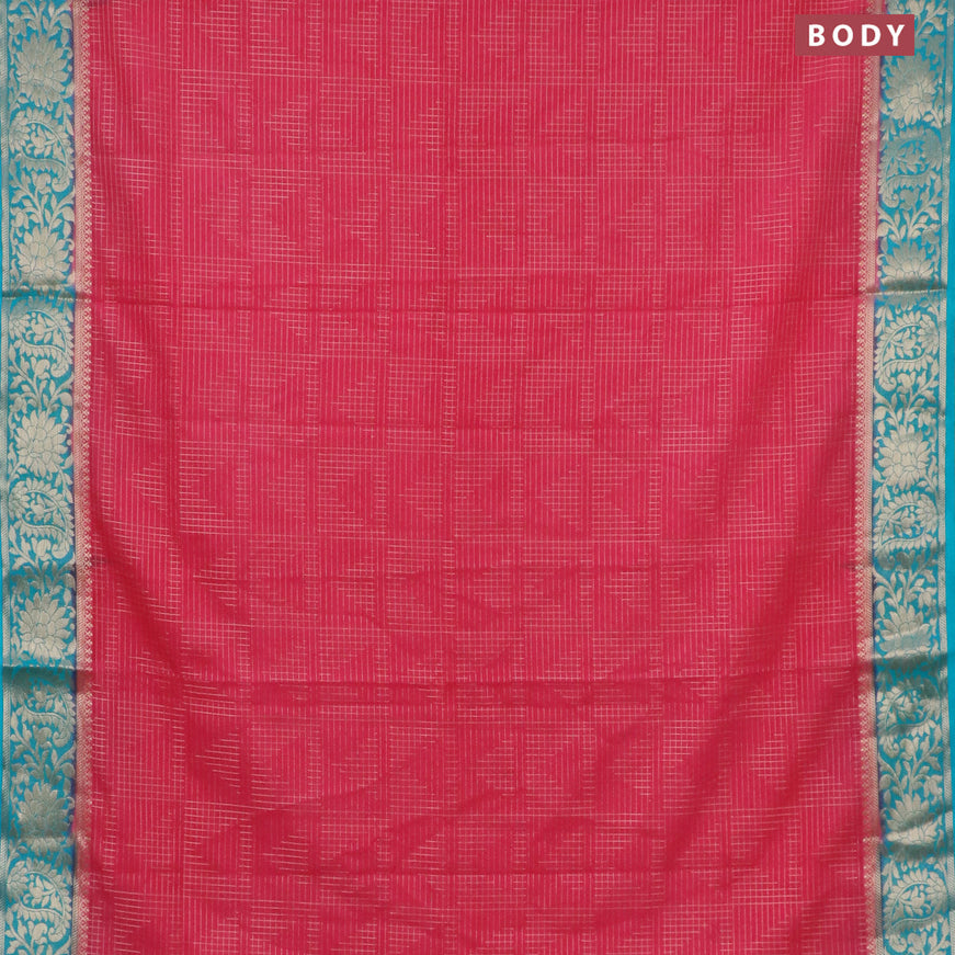 Semi crepe saree pink and teal blue with allover zari weaves and zari woven border