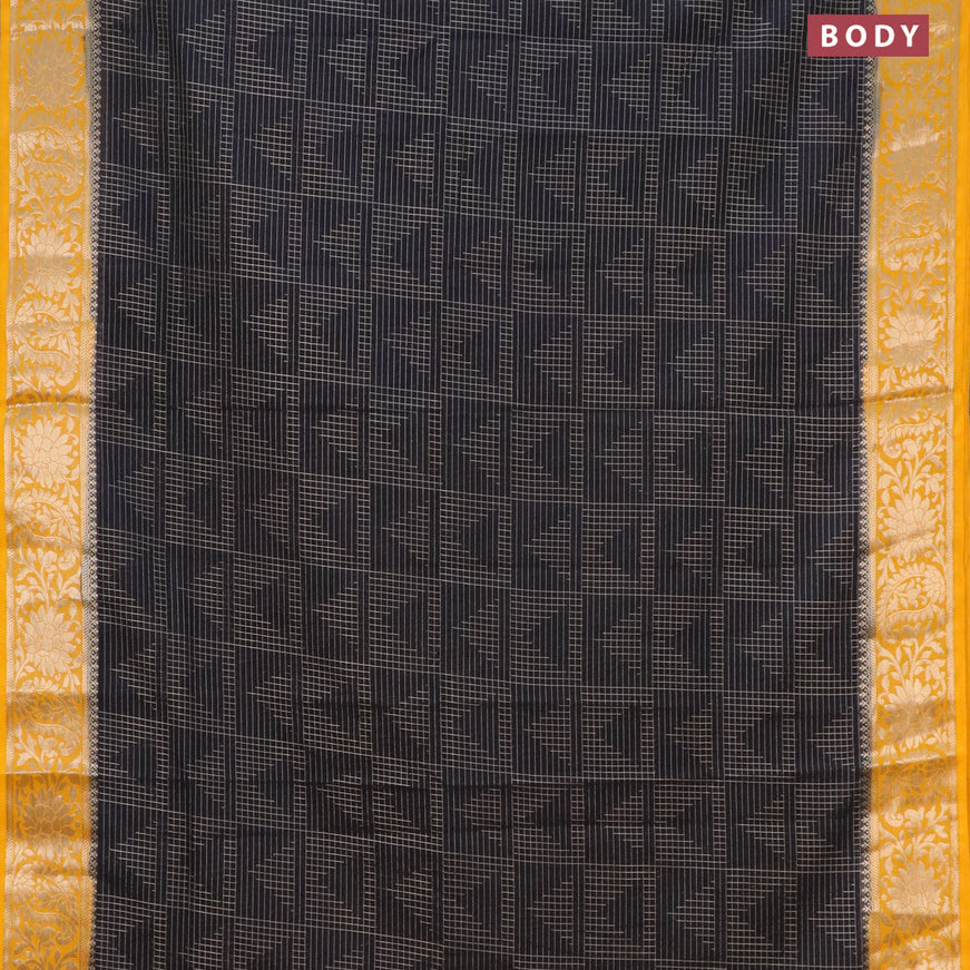 Semi crepe saree black and mango yellow with allover zari weaves and zari woven border