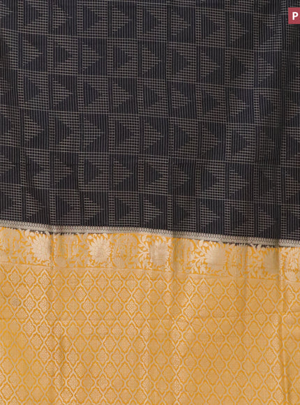 Semi crepe saree black and mango yellow with allover zari weaves and zari woven border