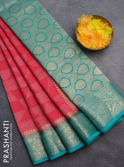 Semi crepe saree peach pink and teal blue with allover geometric zari weaves & self emboss and zari woven border