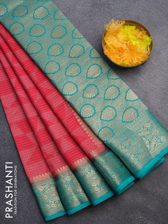 Semi crepe saree peach pink and teal blue with allover geometric zari weaves & self emboss and zari woven border