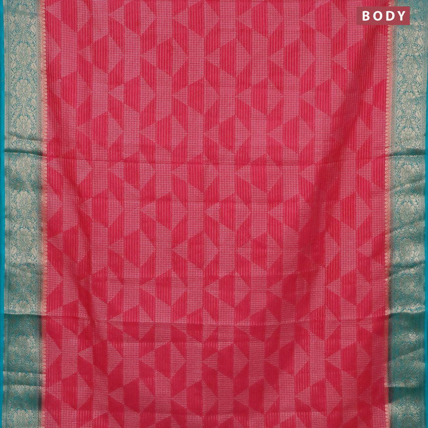 Semi crepe saree peach pink and teal blue with allover geometric zari weaves & self emboss and zari woven border