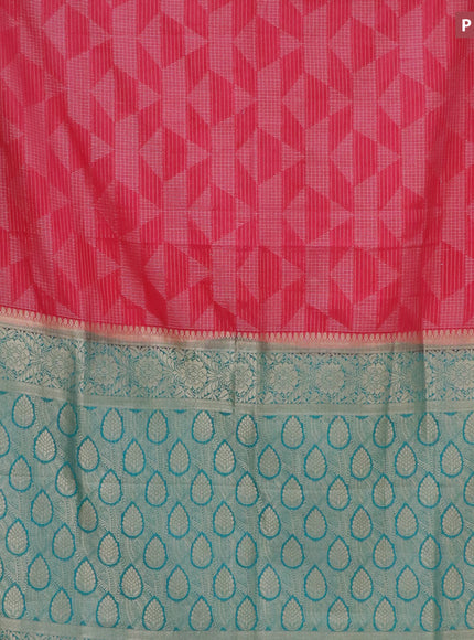 Semi crepe saree peach pink and teal blue with allover geometric zari weaves & self emboss and zari woven border