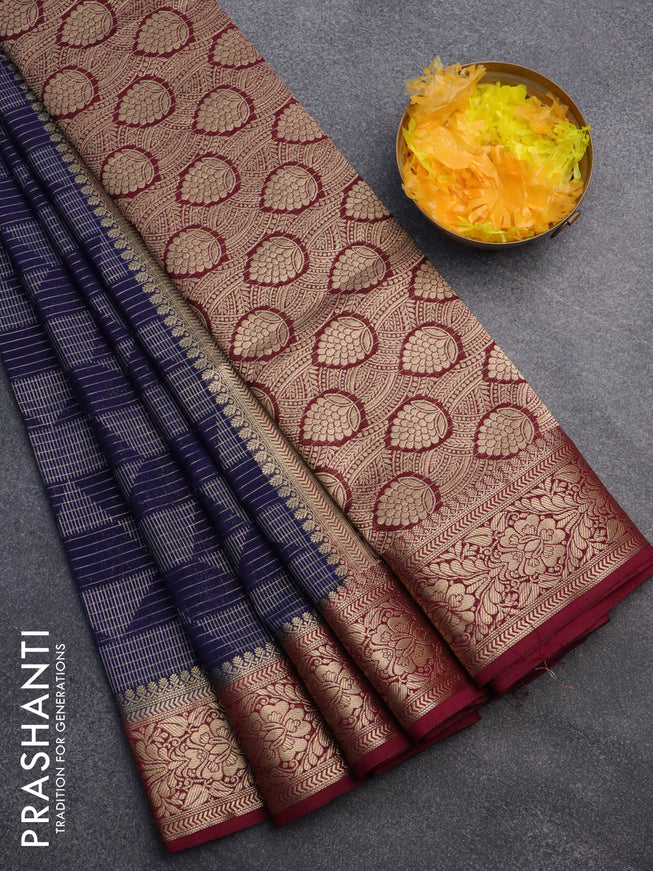 Semi crepe saree dark blue and maroon with allover geometric zari weaves & self emboss and zari woven border