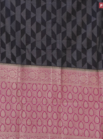 Semi crepe saree black and pink with allover geometric zari weaves & self emboss and zari woven border