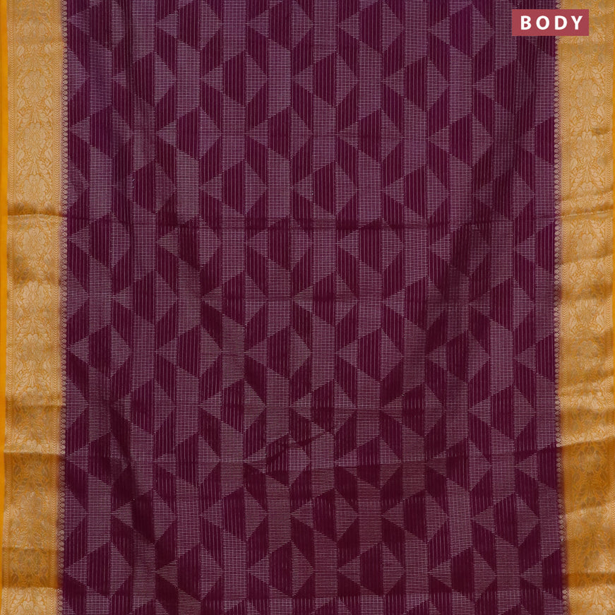 Semi crepe saree purple and mango yellow with allover geometric zari weaves & self emboss and zari woven border