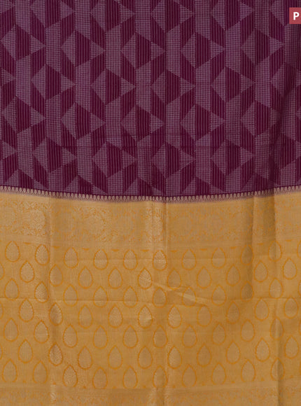 Semi crepe saree purple and mango yellow with allover geometric zari weaves & self emboss and zari woven border