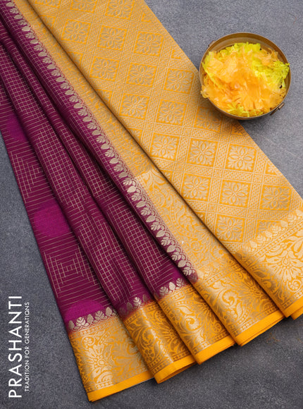 Semi crepe saree purple and mango yellow with allover geometric zari weaves & self emboss and zari woven border