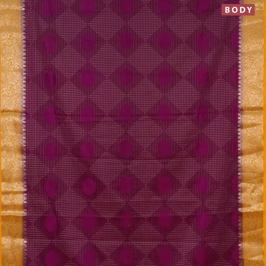 Semi crepe saree purple and mango yellow with allover geometric zari weaves & self emboss and zari woven border