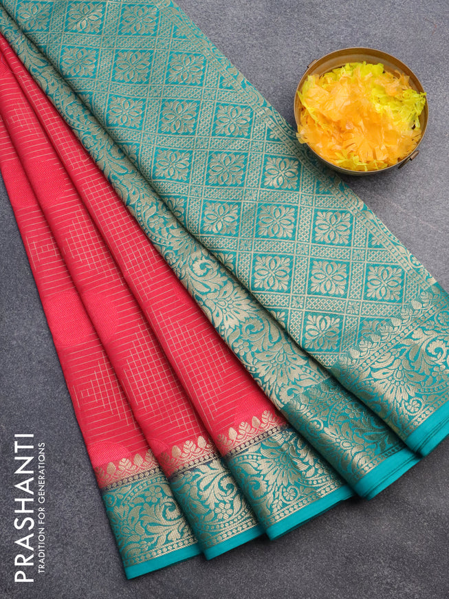 Semi crepe saree pink and teal blue with allover geometric zari weaves & self emboss and zari woven border