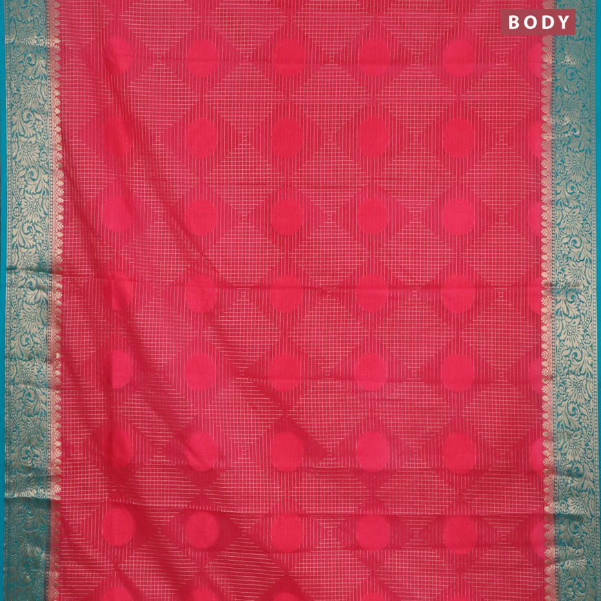 Semi crepe saree pink and teal blue with allover geometric zari weaves & self emboss and zari woven border