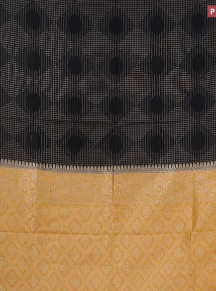 Semi crepe saree black and mango yellow with allover geometric zari weaves & self emboss and zari woven border