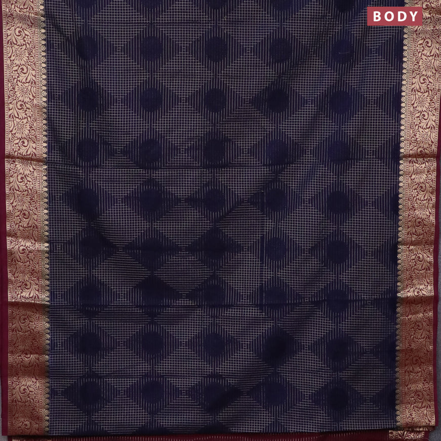 Semi crepe saree navy blue and deep maroon with allover geometric zari weaves & self emboss and zari woven border