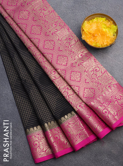 Semi crepe saree black and pink with allover geometric zari weaves & self emboss and zari woven border