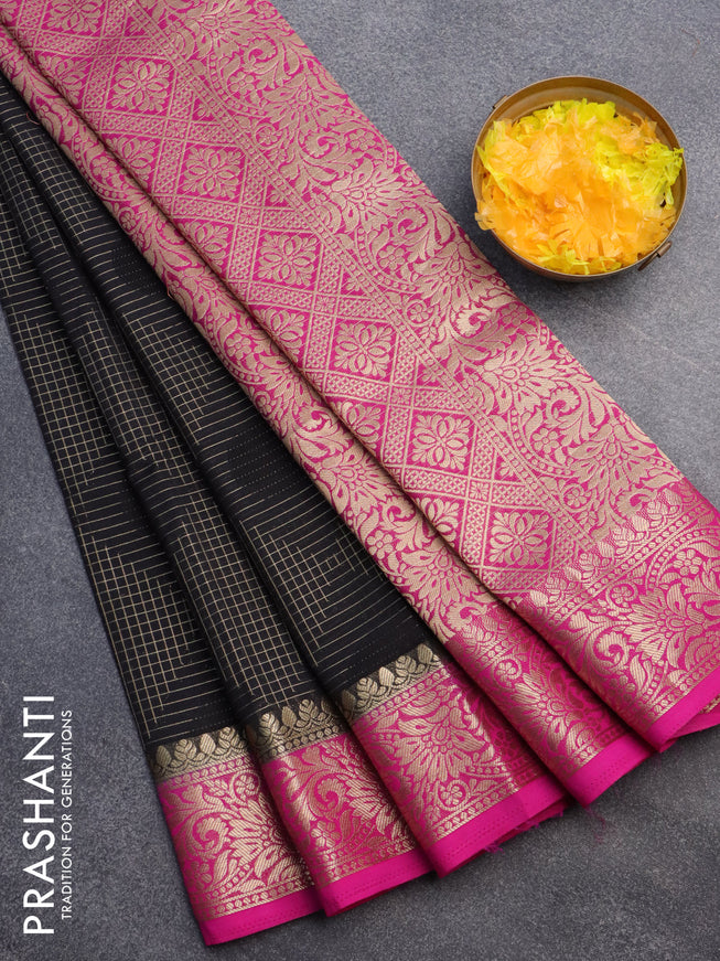 Semi crepe saree black and pink with allover geometric zari weaves & self emboss and zari woven border