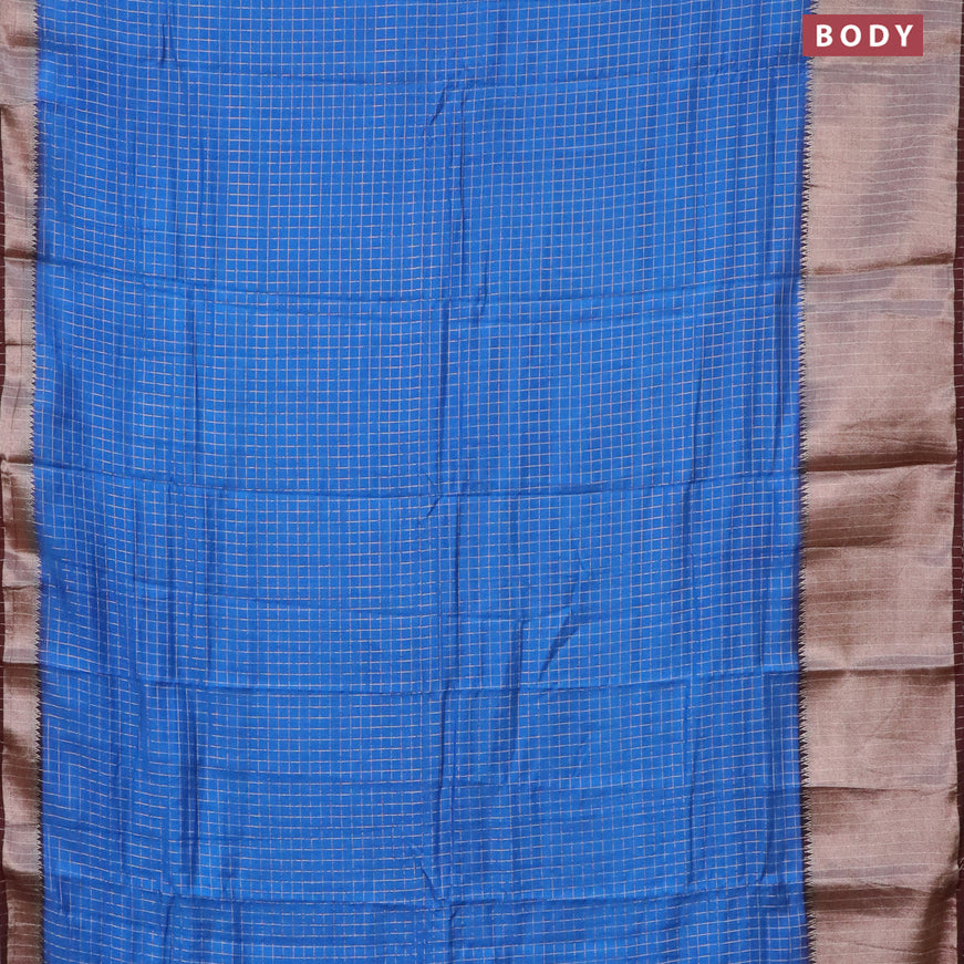 Semi crepe saree blue and coffee brown with allover small zari checked pattern and long zari woven border