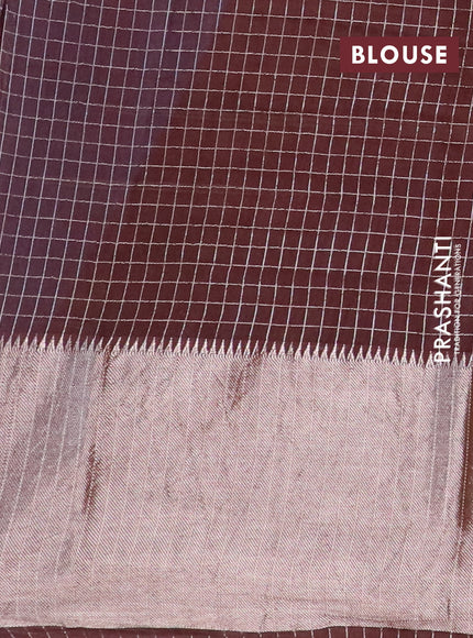 Semi crepe saree blue and coffee brown with allover small zari checked pattern and long zari woven border